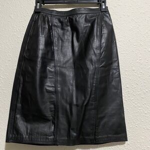 Vtg Winklit 7/8 25in Black Leather high waisted Skirt A-Line Front Slit 80s